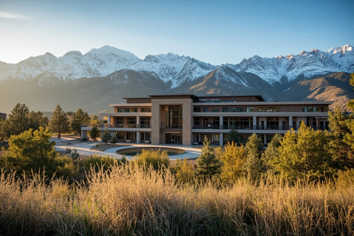 Montana State University's Romney Hall with the Bridger Mountains in the background