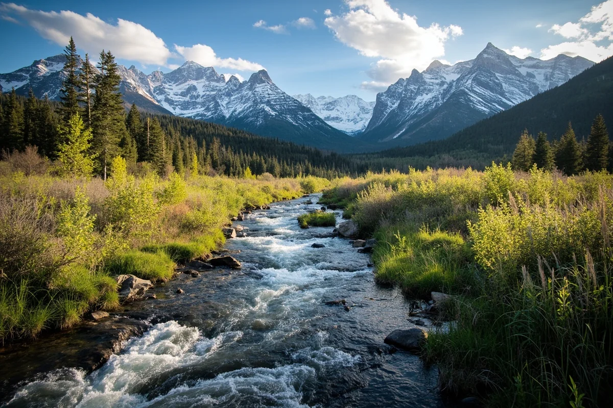 Montana stream in early spring with snow-capped mountains in background