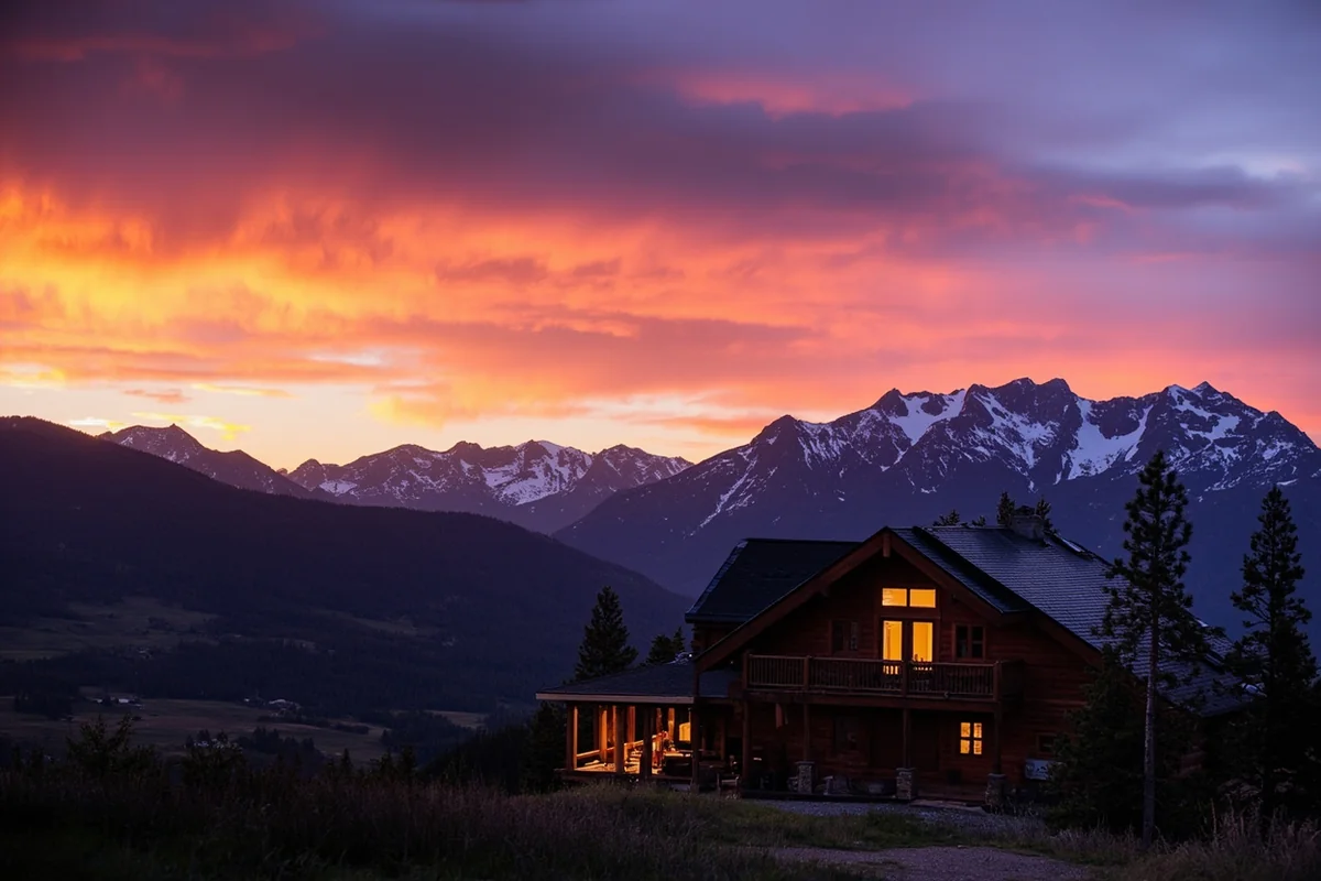 Montana sunset over mountains with a cabin in the foreground, suggesting vacation accommodation