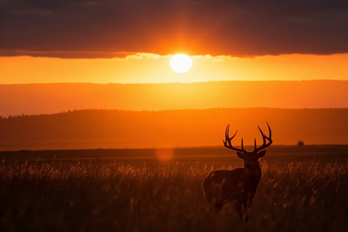 Montana sunset over prairie landscape with silhouette of mule deer buck in the distance