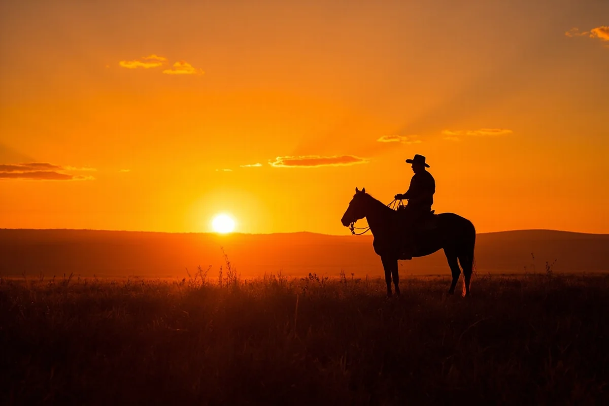 Montana sunset over prairie with silhouette of lone cowboy on horseback