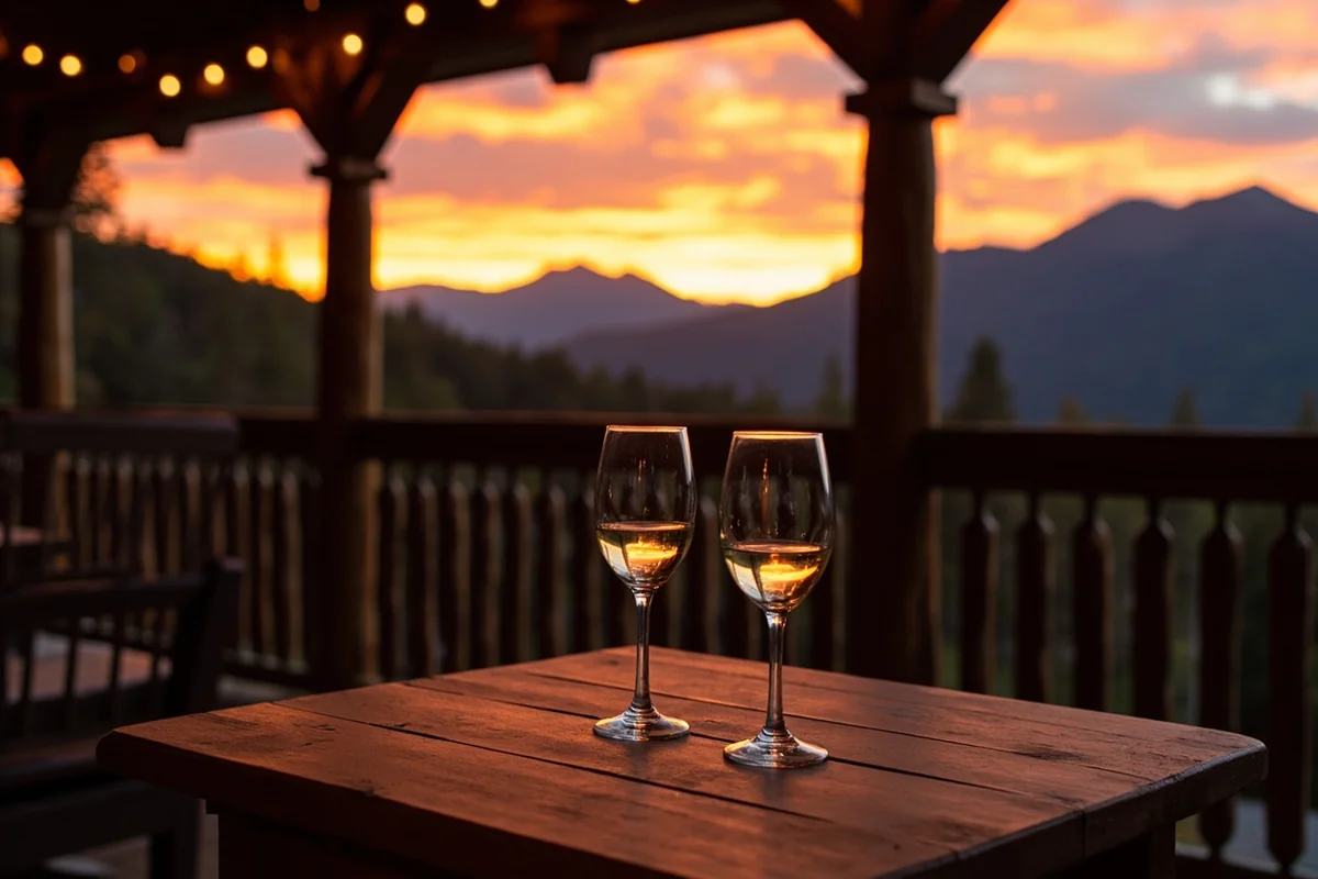 Montana sunset view from a lodge porch with wine glasses