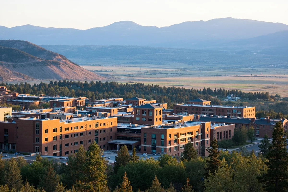 Montana Tech campus buildings with the Berkeley Pit visible in the distance