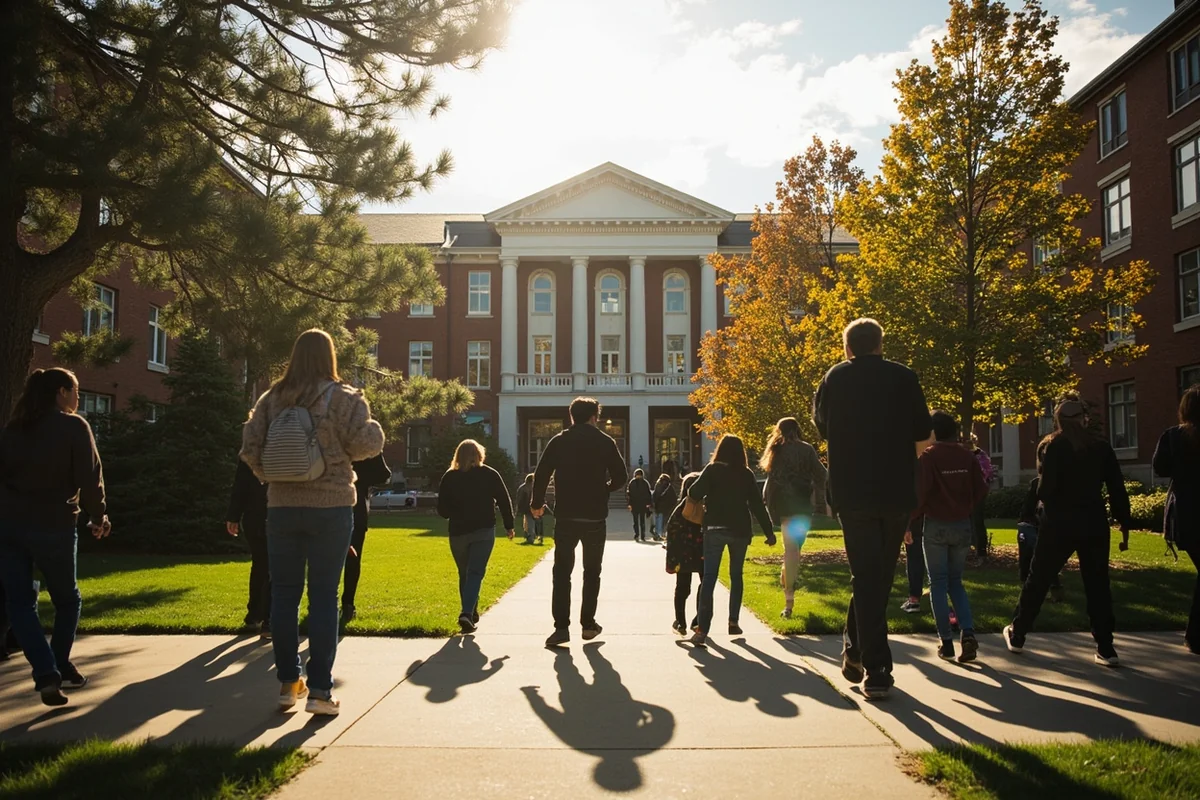 Montana university campus with students walking between buildings