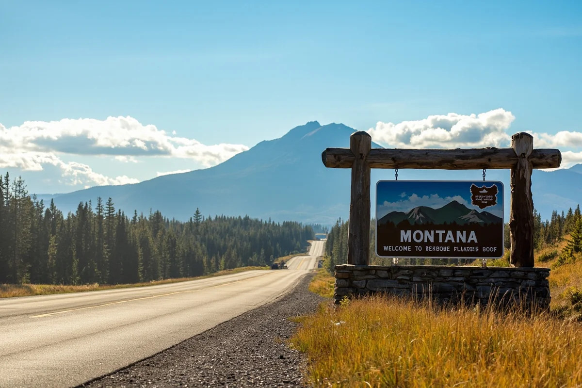 Montana welcome sign at state border with scenic mountain view