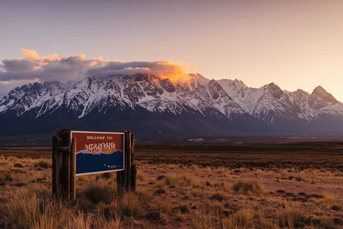 Montana welcome sign with snow-capped mountains in background during golden hour
