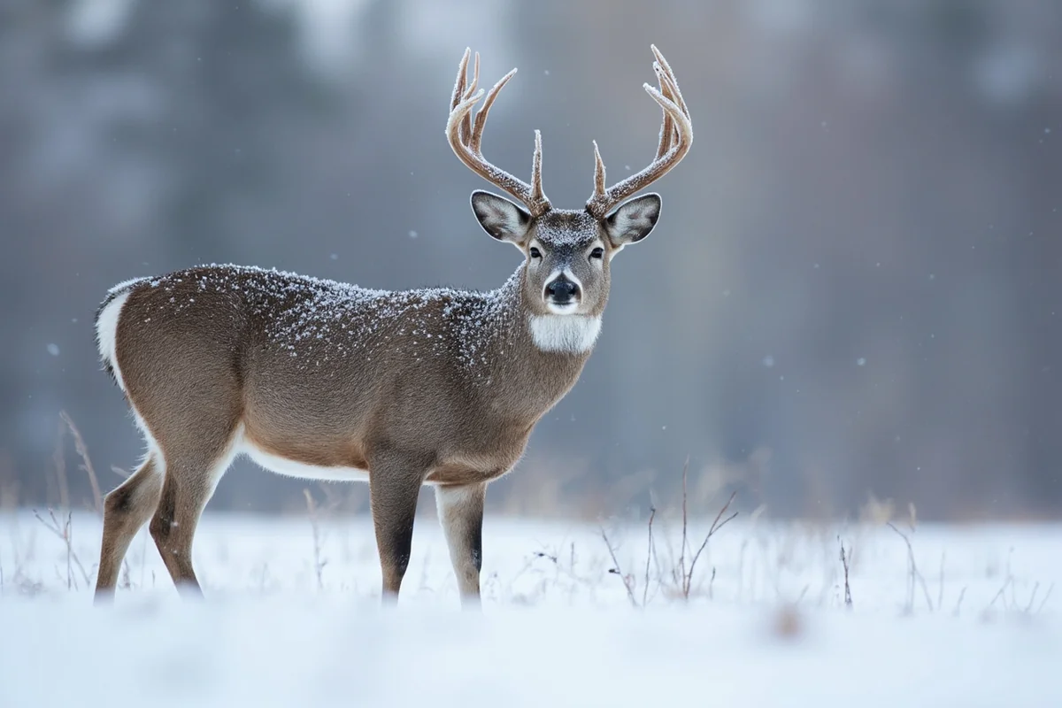 Montana whitetail buck in November snow during the rut with frost on its coat