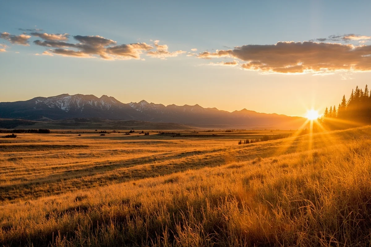Montana wilderness landscape with distant mountains and golden prairie grass at sunrise