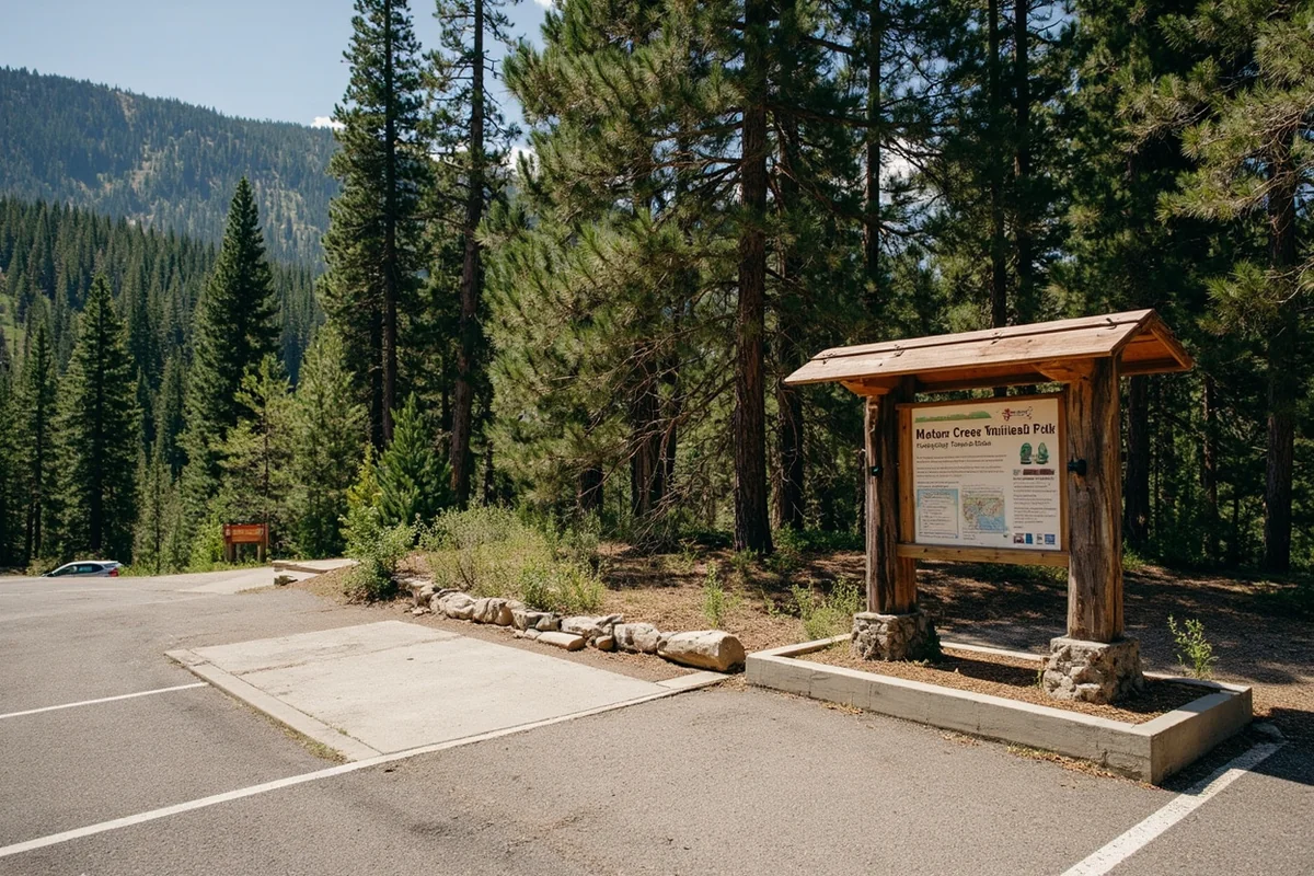 Monture Creek Trailhead parking area with information board and forest backdrop