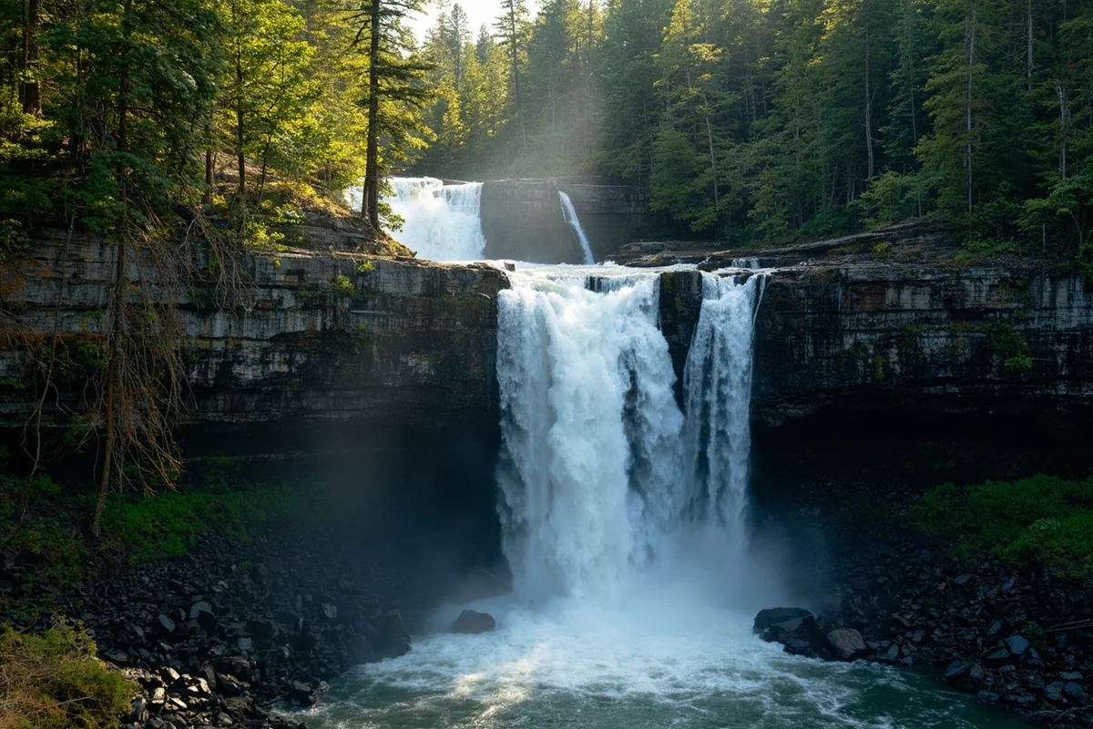 Monture Falls cascading down rocky cliff face surrounded by dense forest