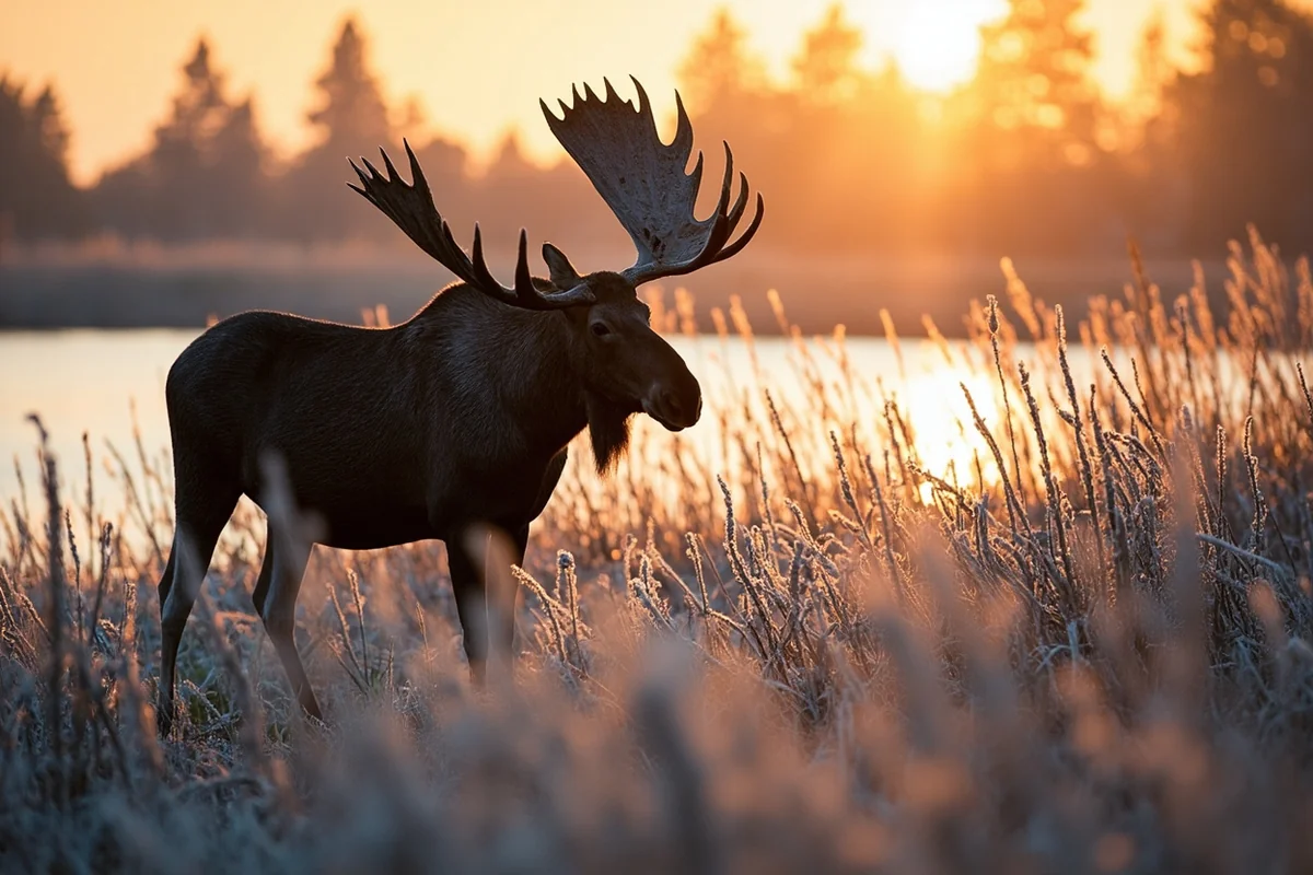 Moose browsing in frost-covered willows near a Montana lake at sunrise in November