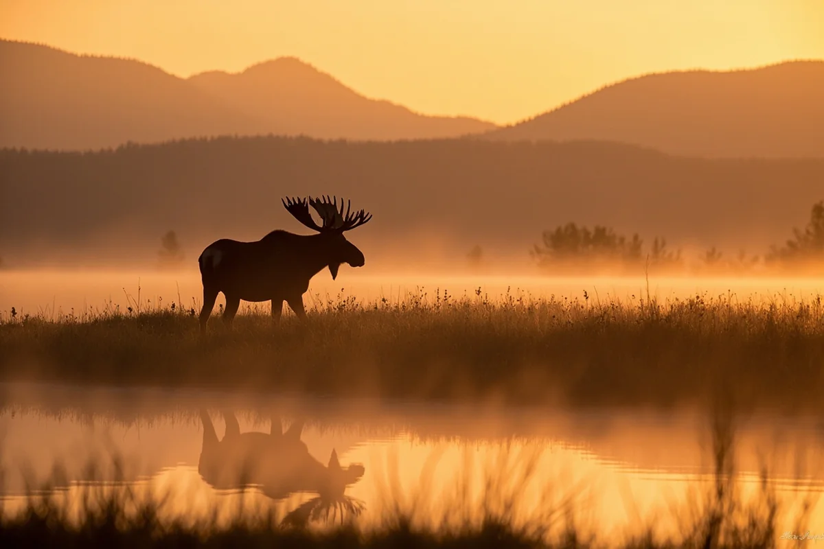 Moose in Montana wetlands at sunrise