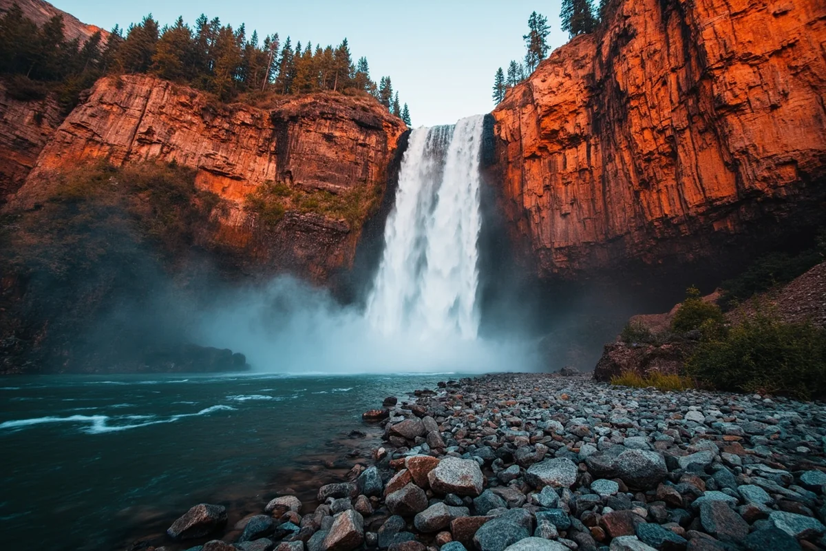Morning Eagle Falls cascading down red and orange cliff face in Glacier National Park