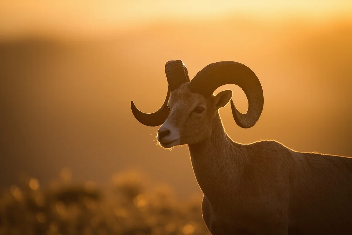 Morning light hitting bighorn ram horns creating golden glow effect