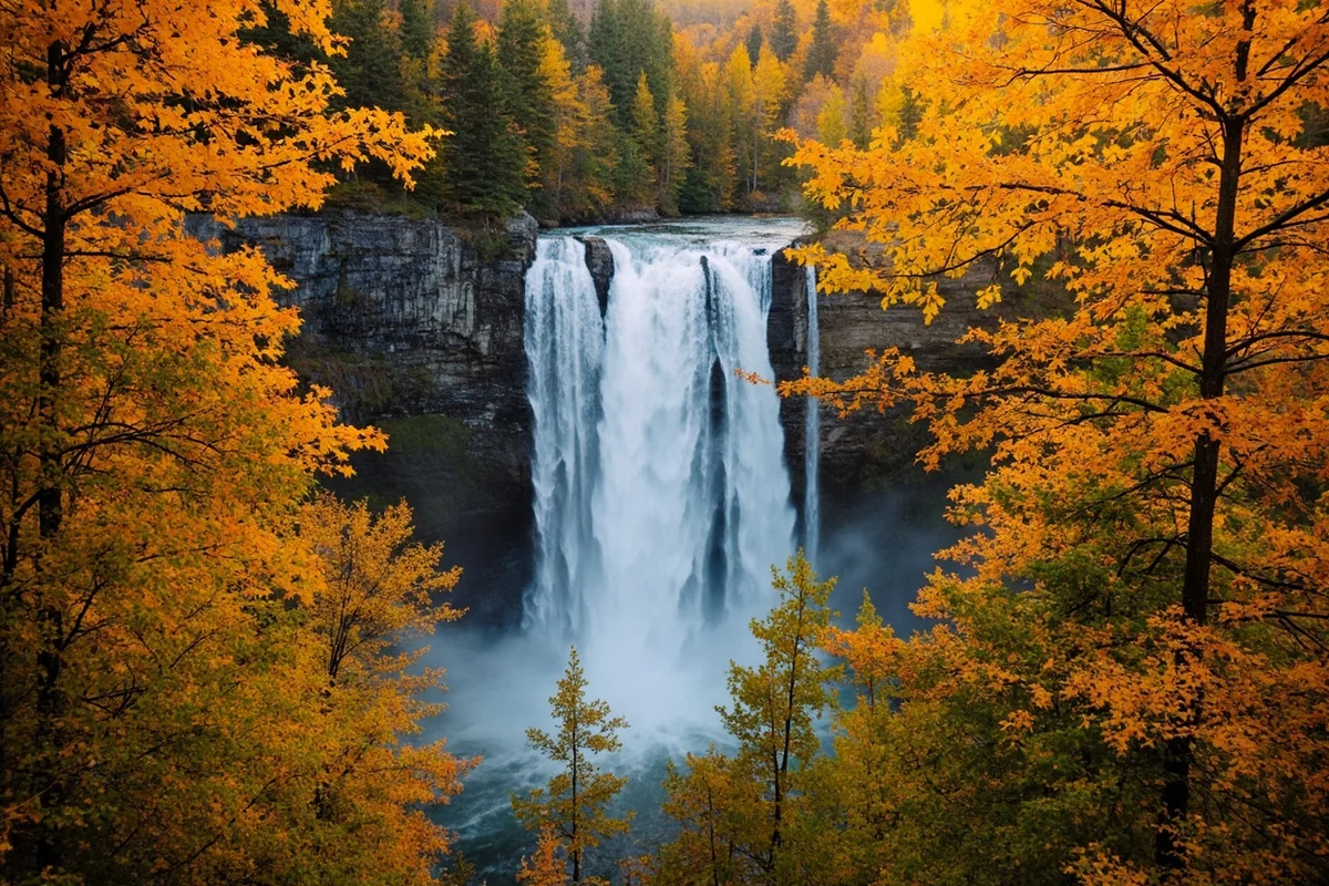 Morrell Falls framed by golden larch trees in early autumn, showcasing the 90-foot cascade against fall foliage