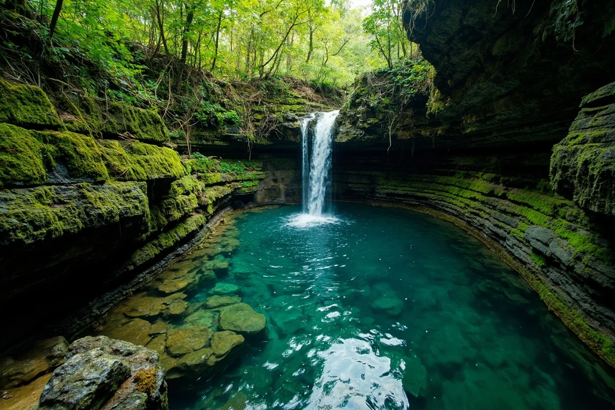 Moss-covered rocks and lush vegetation surrounding the Grotto Falls pool area
