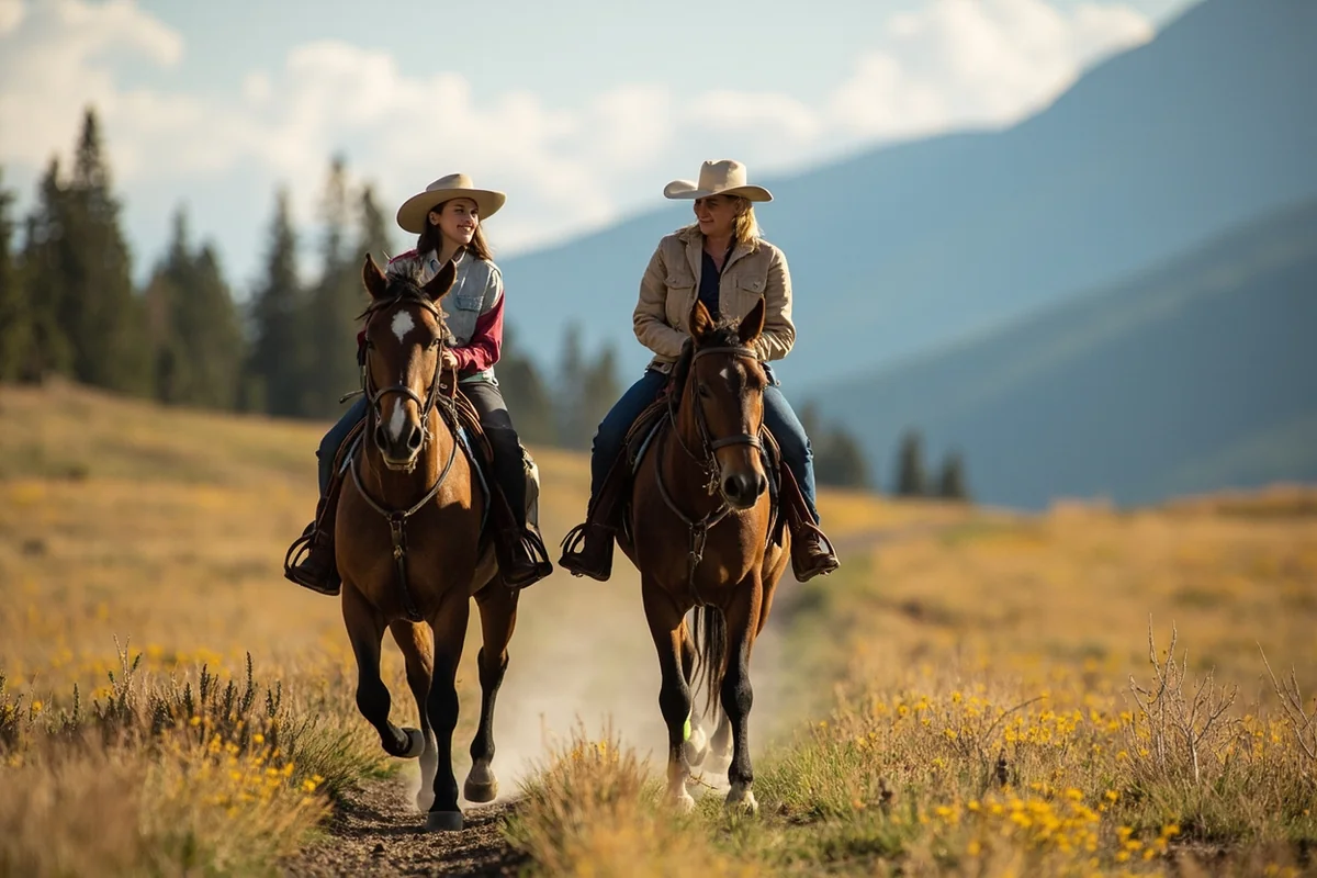 Mother and daughter riding horses side by side on Montana trail