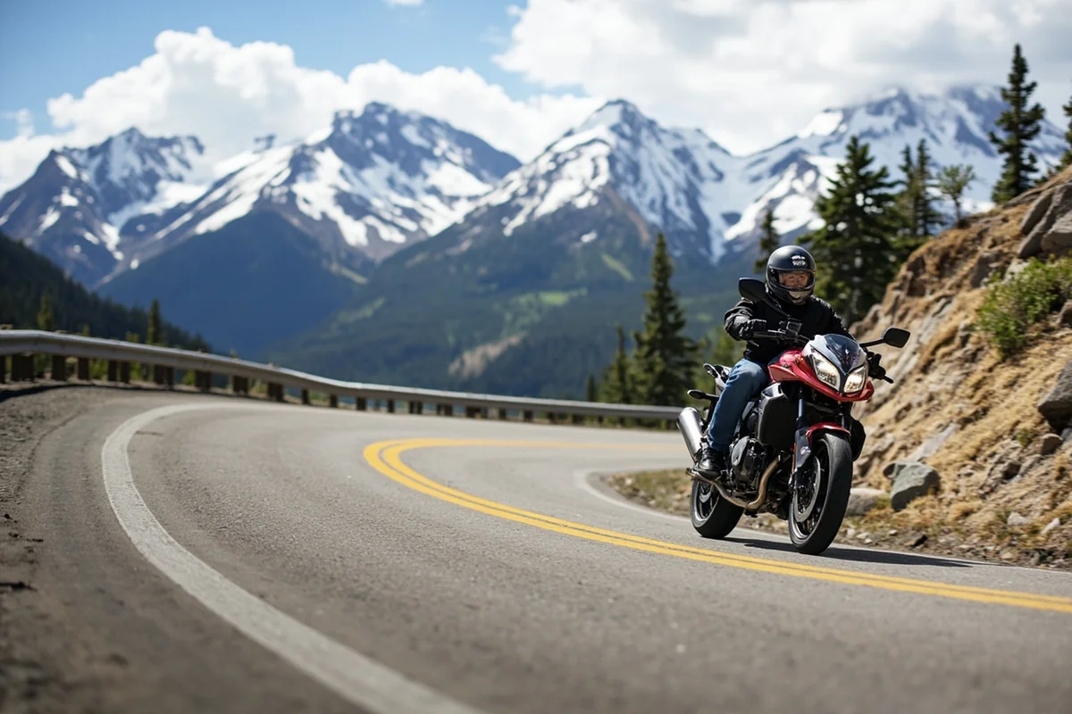 Motorcycle navigating a tight switchback on Going-to-the-Sun Road with snow-capped peaks visible