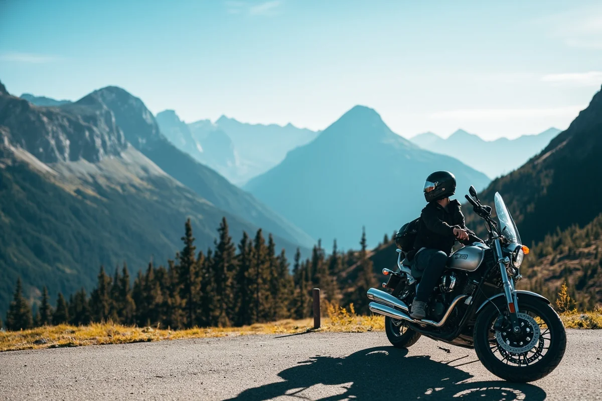 Motorcycle parked at a scenic overlook on Going-to-the-Sun Road with mountain peaks in background