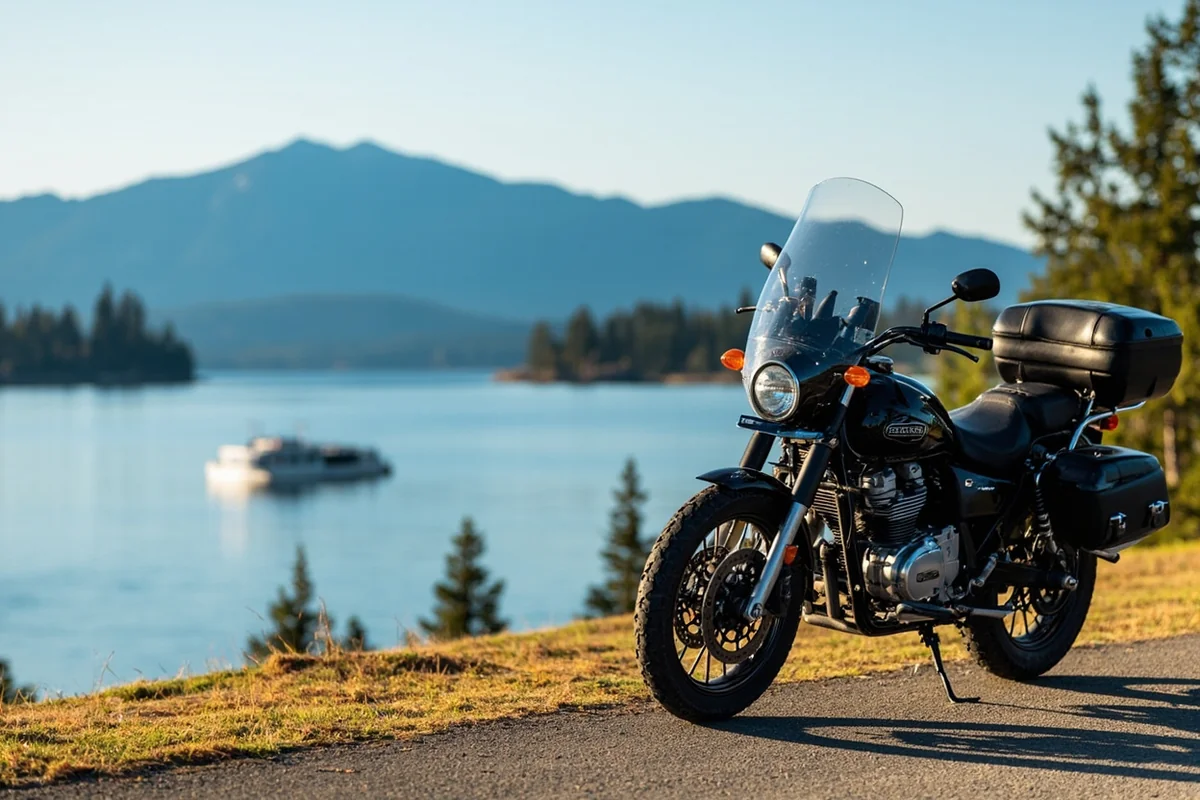 Motorcycle parked near Flathead Lake with boat visible on water in background