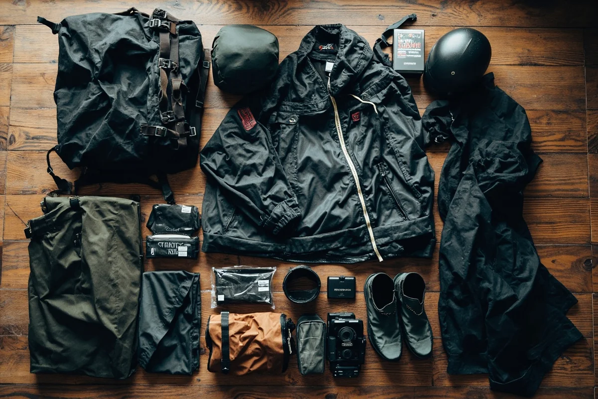 Motorcycle touring gear laid out including layered clothing, rain gear, and emergency supplies