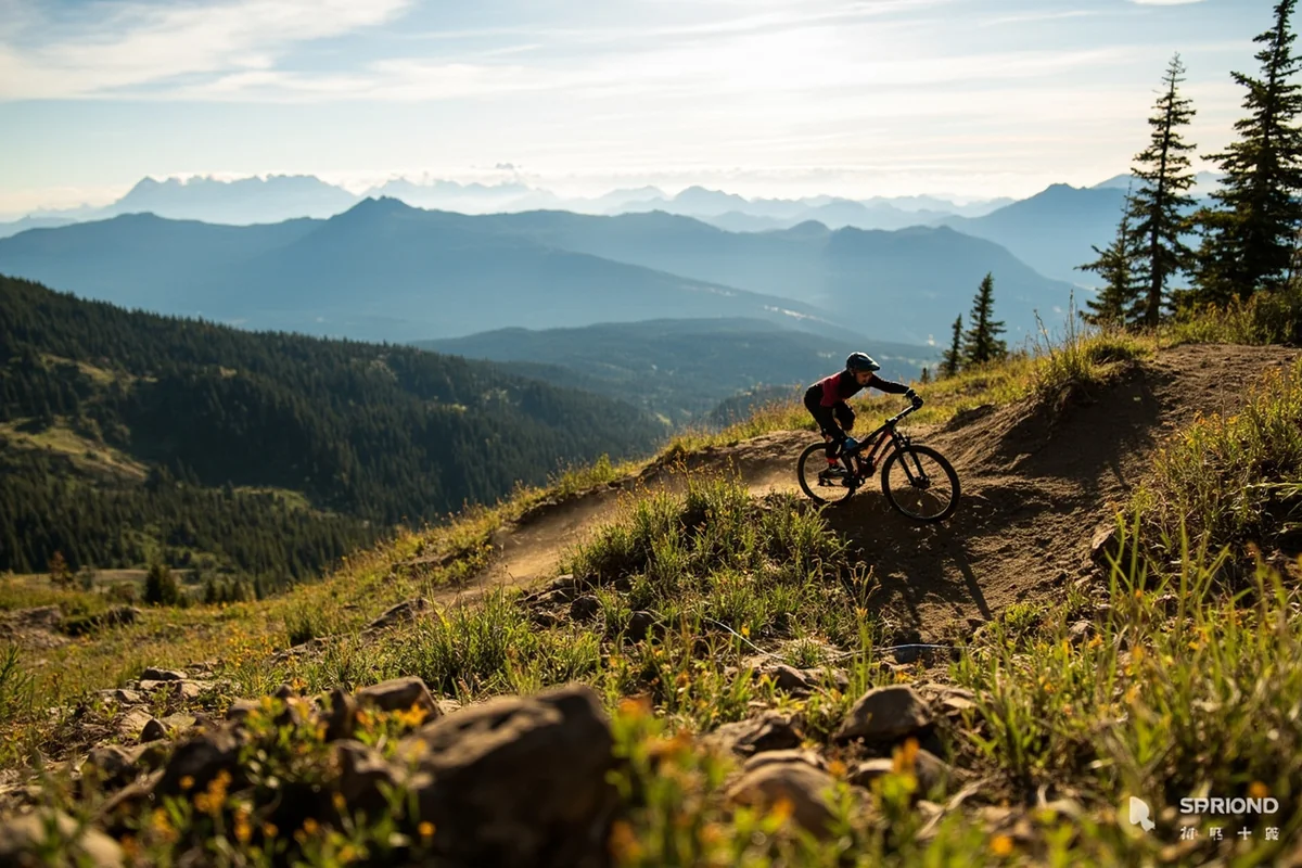 Mountain biker descending trail at Whitefish Mountain Resort with valley views