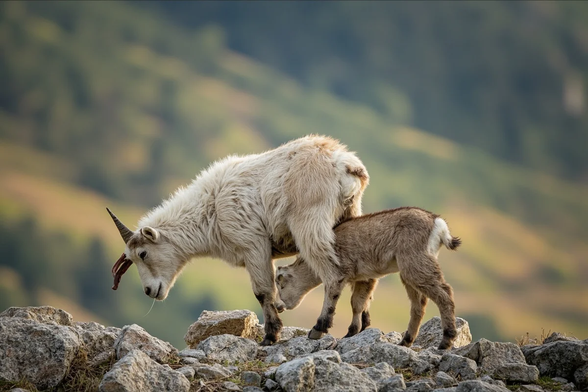 Mountain goat nanny with young kid on rocky slope