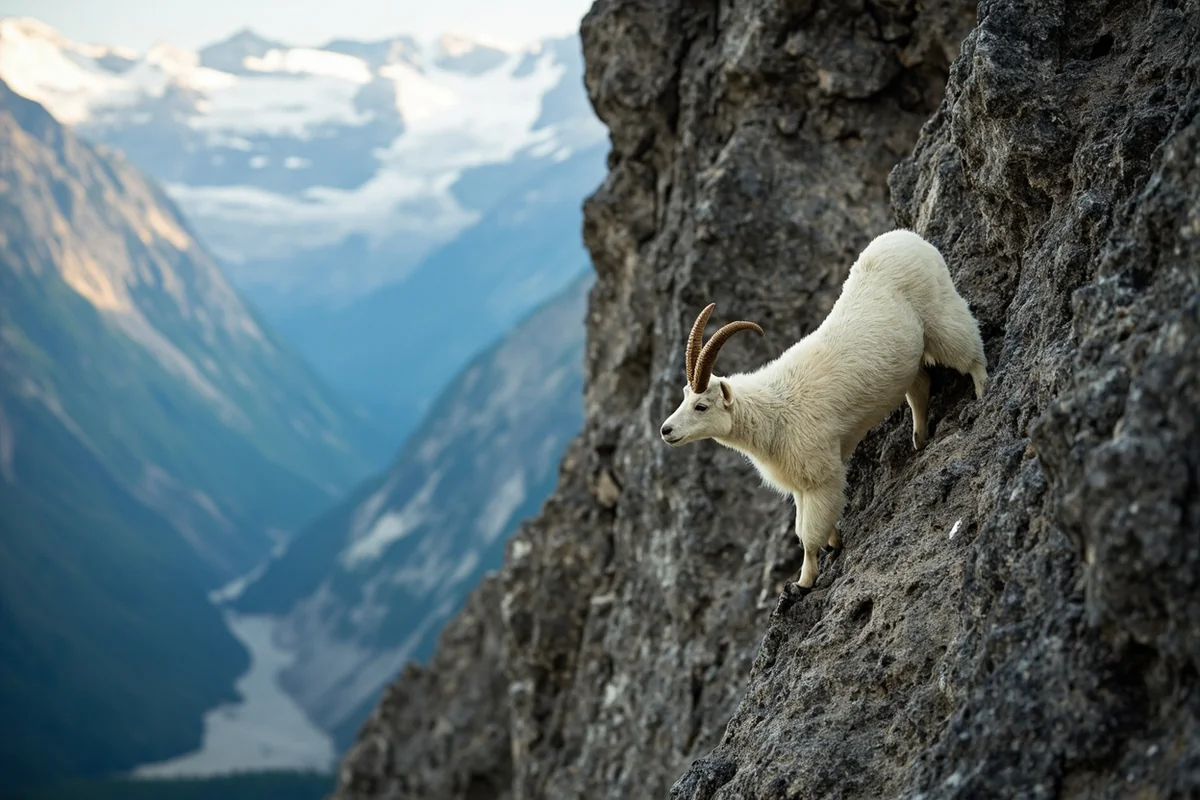 Mountain goat navigating steep cliff face in Glacier National Park