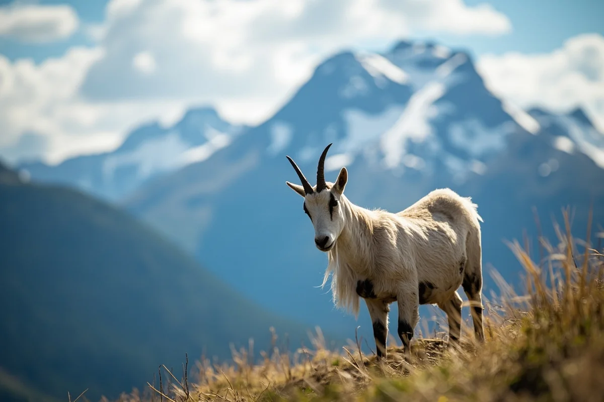 Mountain goat near Logan Pass with snow-capped peaks in background