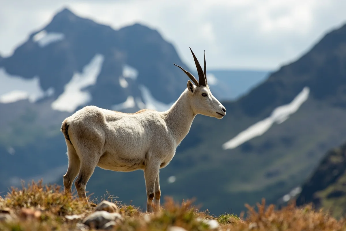 Mountain goat near Logan Pass with snow patches visible on surrounding peaks
