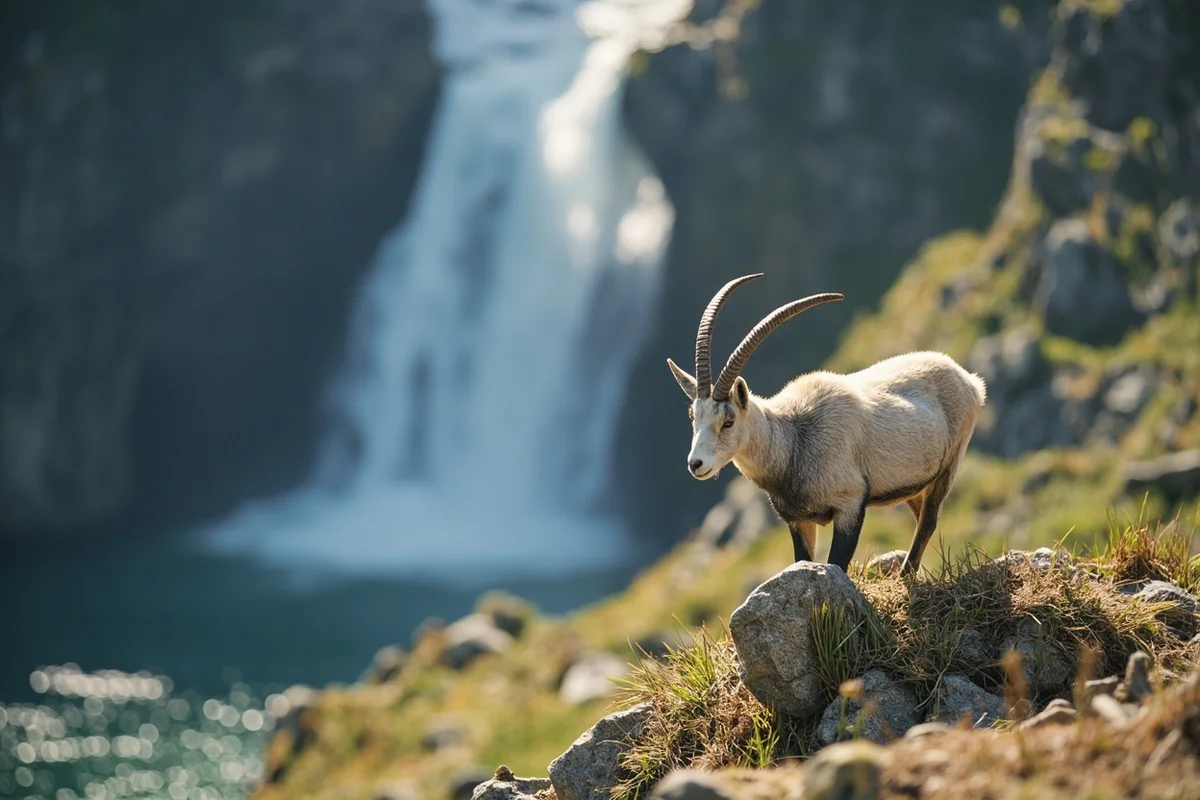 Mountain goat on rocky outcrop near falls with alpine scenery background