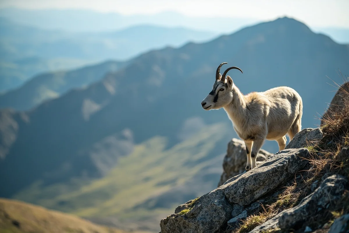 Mountain goat on rocky outcrop near the alpine section of the trail
