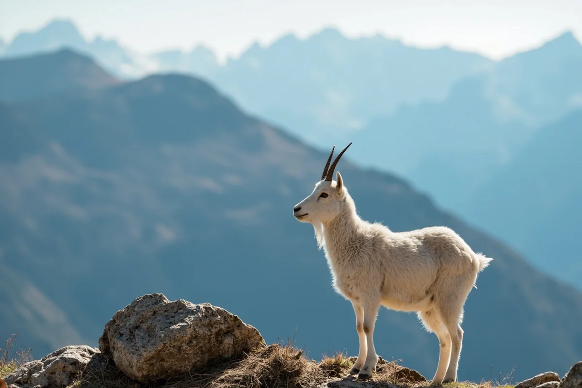 Mountain goat on rocky outcropping with alpine terrain in background