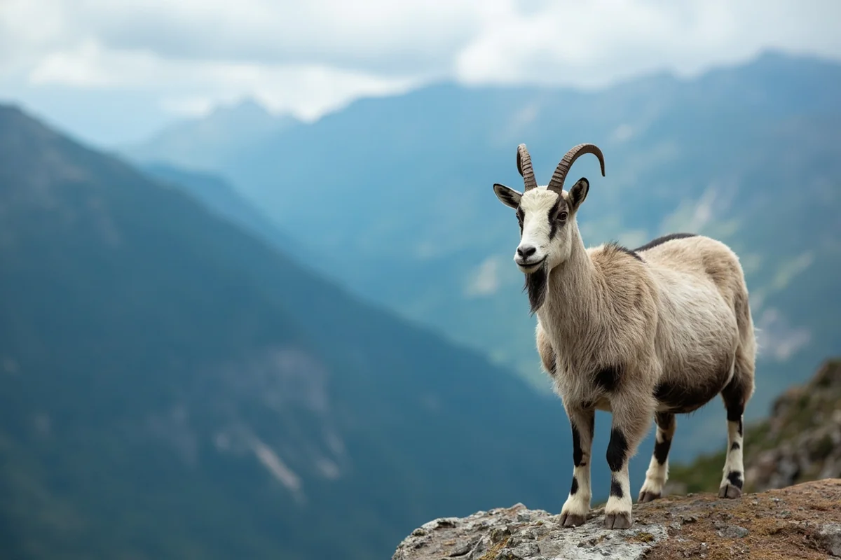 Mountain goat standing on rocky ledge with mountain backdrop