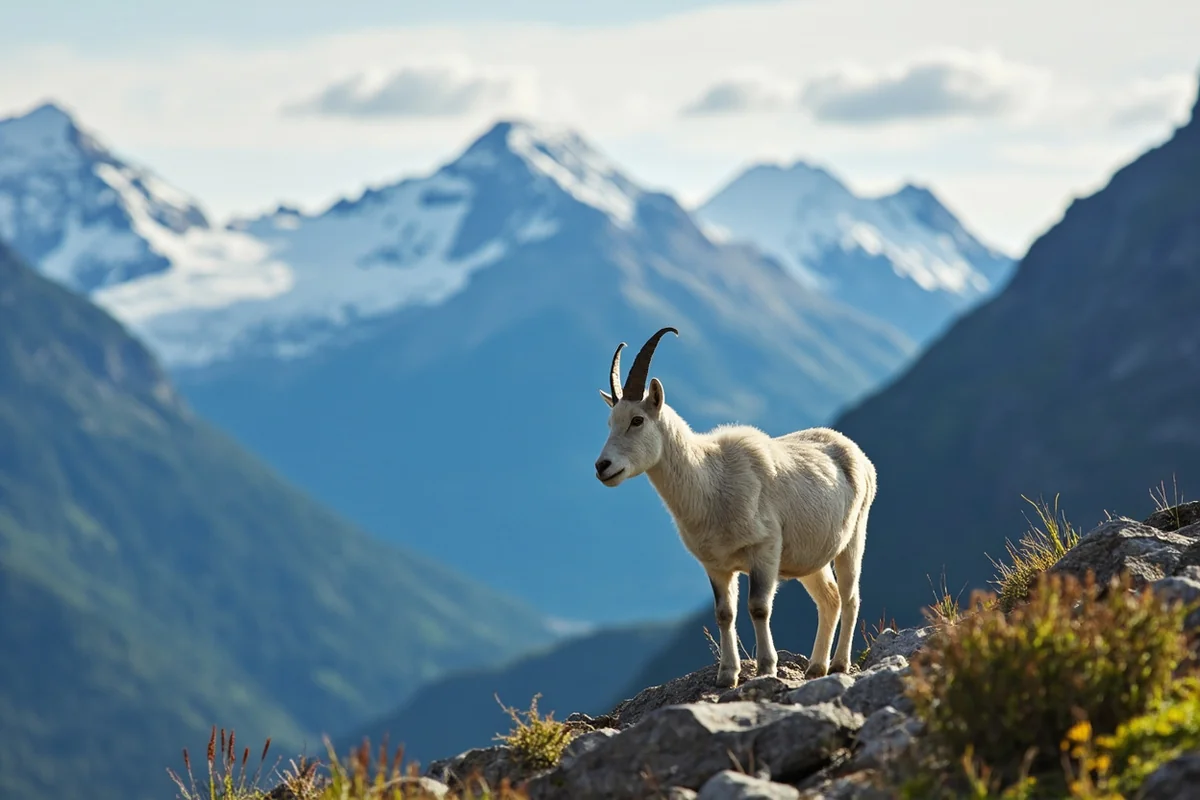 Mountain goat standing on rocky outcrop with Glacier National Park peaks in background