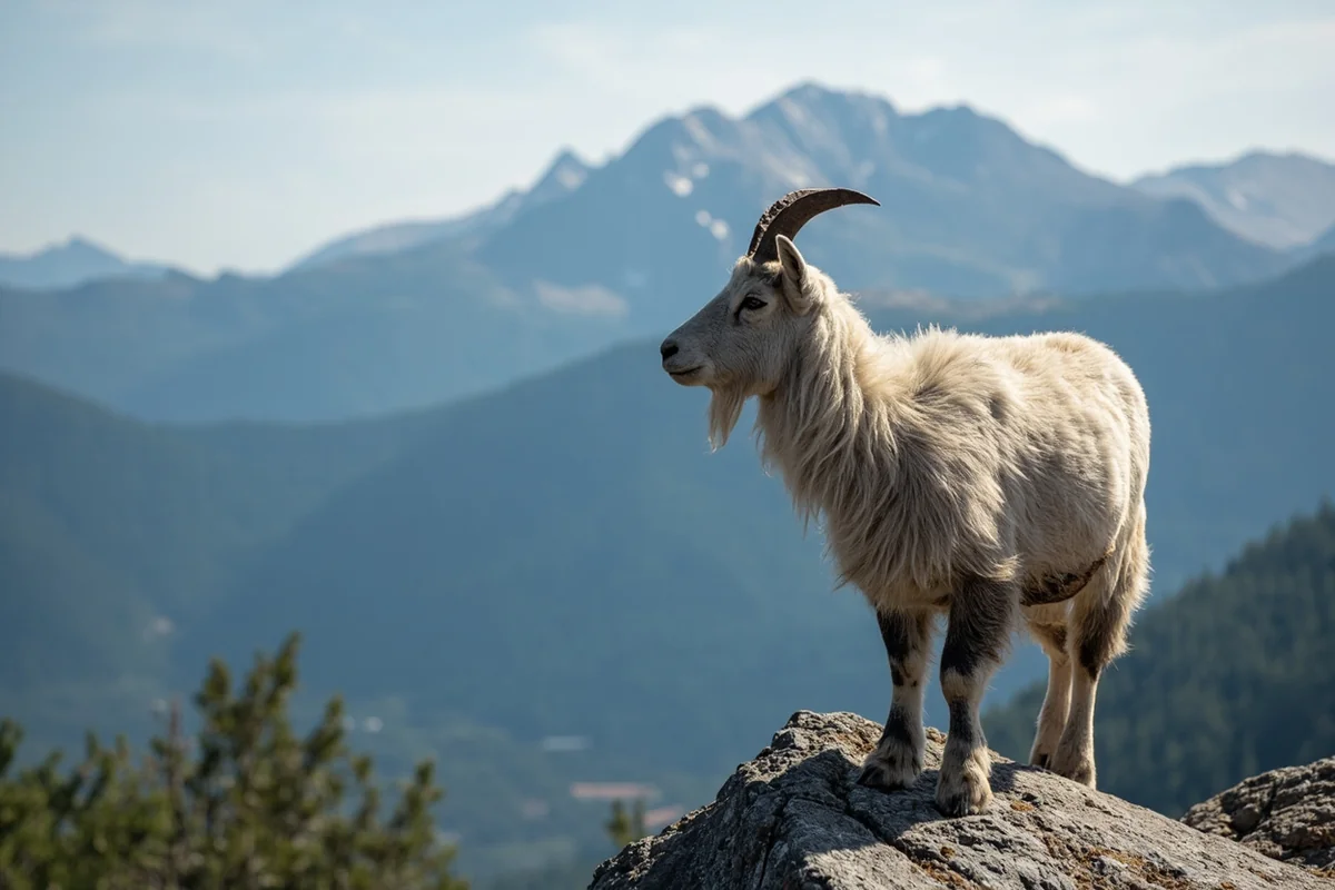 Mountain goat standing on rocky outcrop with mountain backdrop near Ptarmigan Falls trail