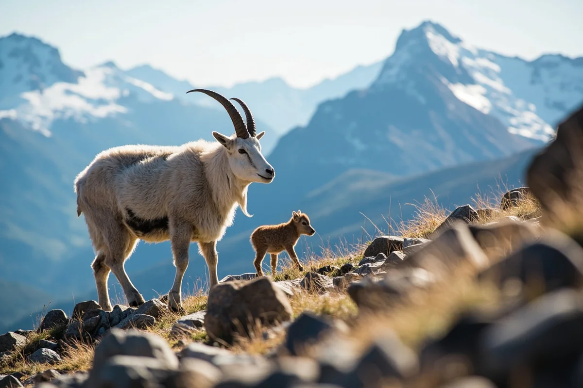 Mountain goat with kid navigating rocky terrain above Logan Pass with snow-capped peaks in background