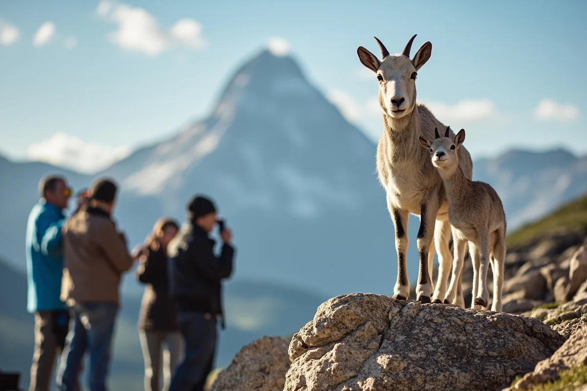 Mountain goat with kid standing on rocky outcrop near Logan Pass with visitors photographing from safe distance