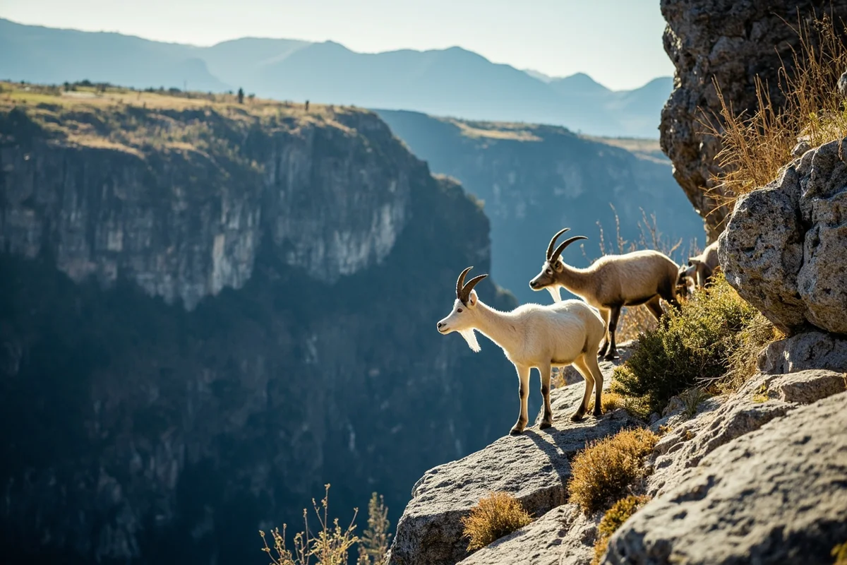 Mountain goats on rocky cliffs above the falls area demonstrating typical wildlife viewing opportunities