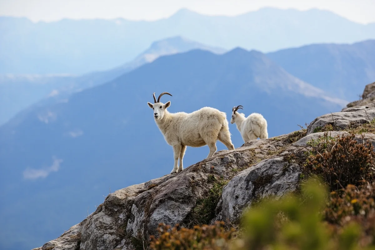 Mountain goats on rocky outcrop at Logan Pass, Glacier National Park