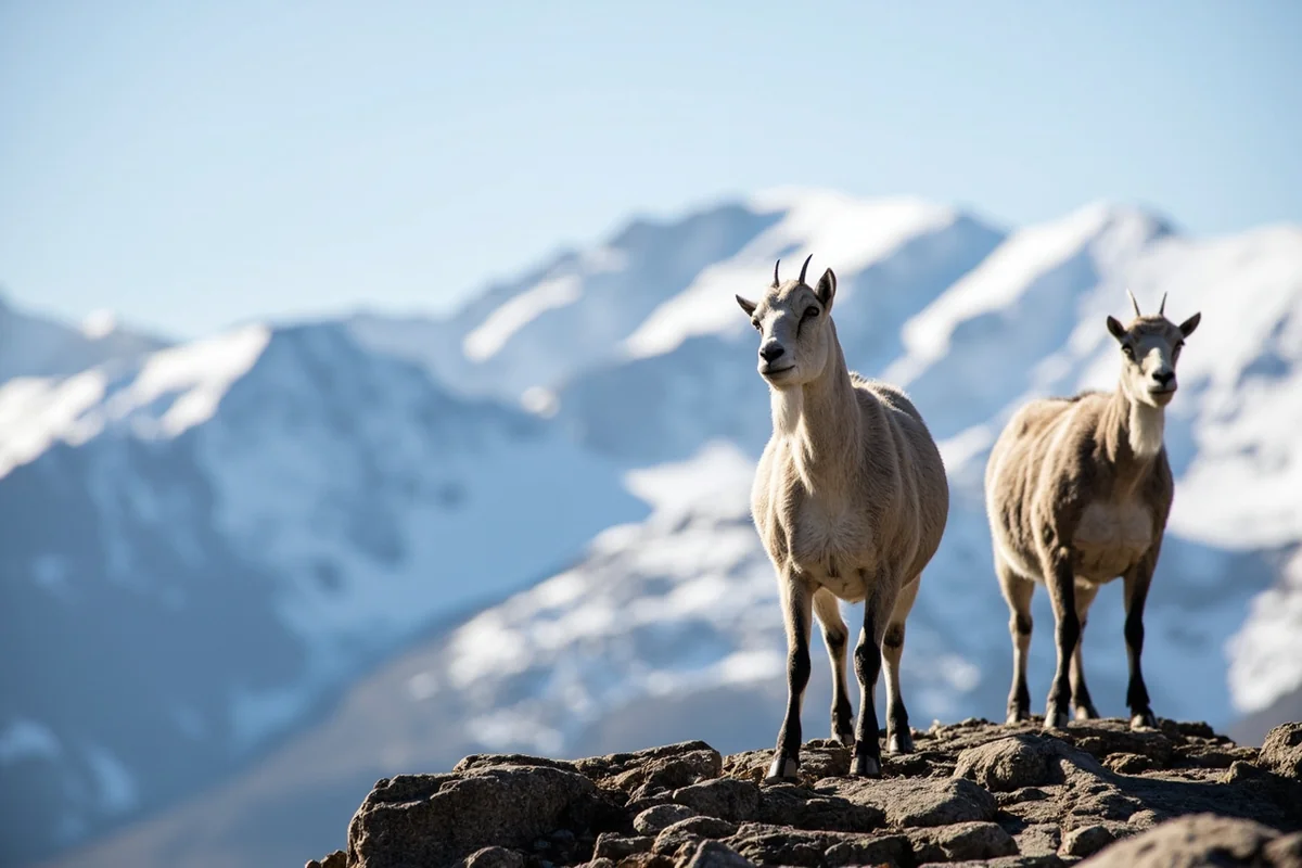 Mountain goats on rocky outcrop with snow-capped peaks behind them at Logan Pass