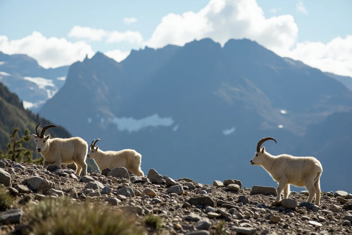 Mountain goats on rocky terrain at Glacier National Park with dramatic peaks in background