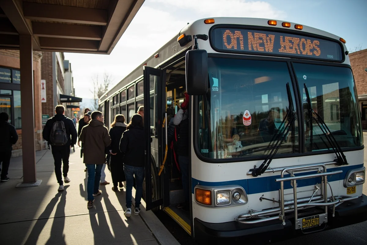 Mountain Line bus at a Missoula transit stop with passengers boarding