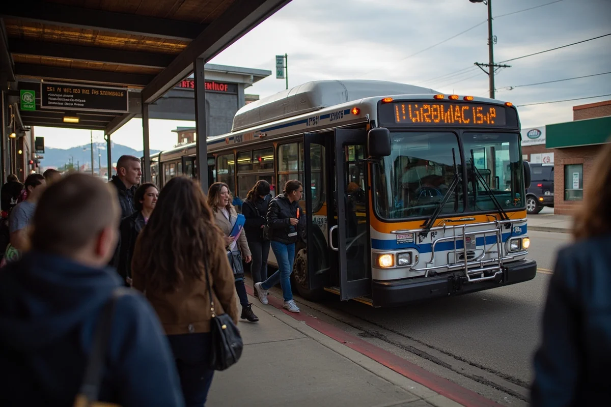 Mountain Line bus at downtown Missoula transfer center with passengers boarding