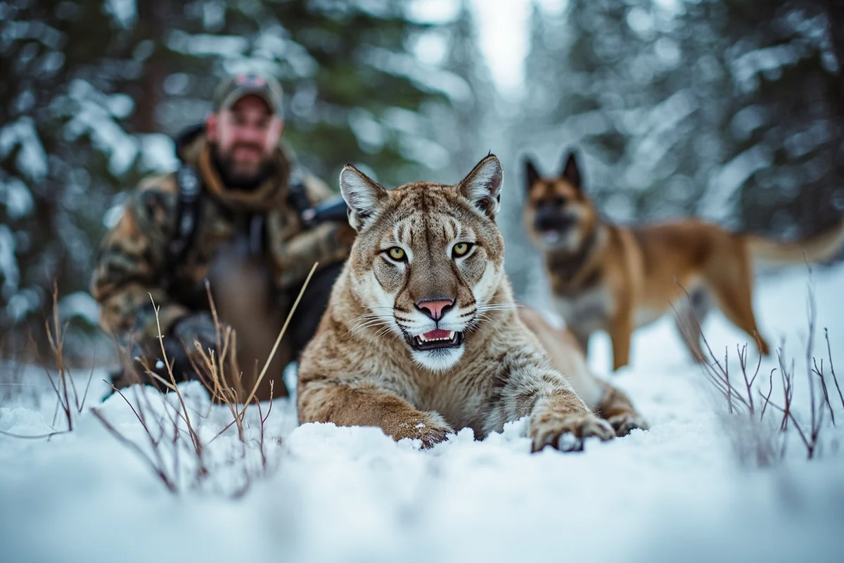 Mountain lion harvest with hunter and hounds in snowy Montana forest setting