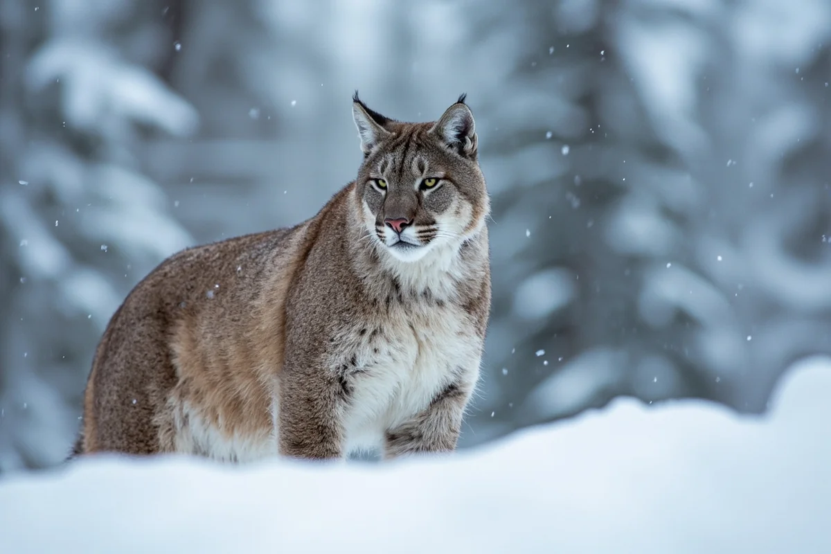 Mountain lion in winter Montana landscape with snow-covered trees