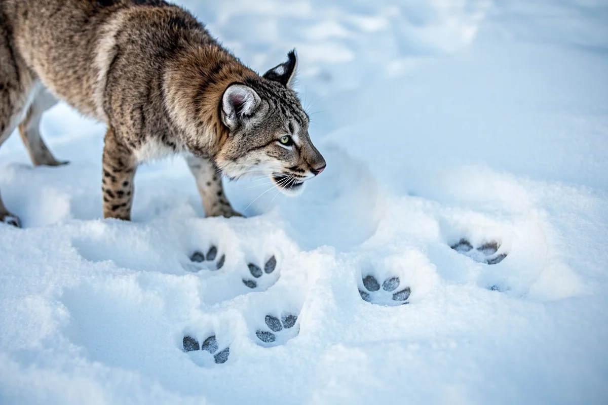 Mountain lion tracks in snow with hunting hound investigating the trail in Montana wilderness