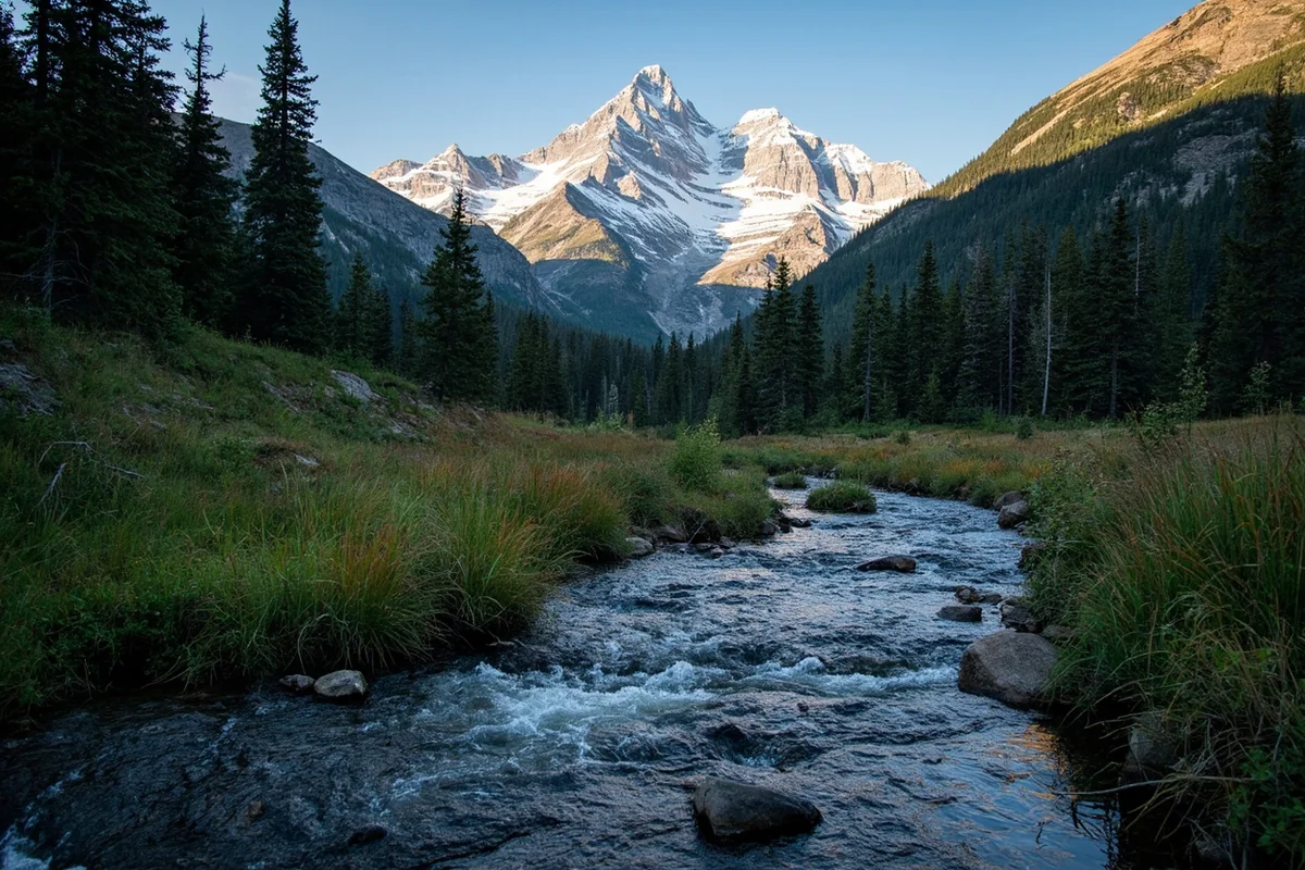 Mountain stream flowing through Montana wilderness with snow-capped peaks in background