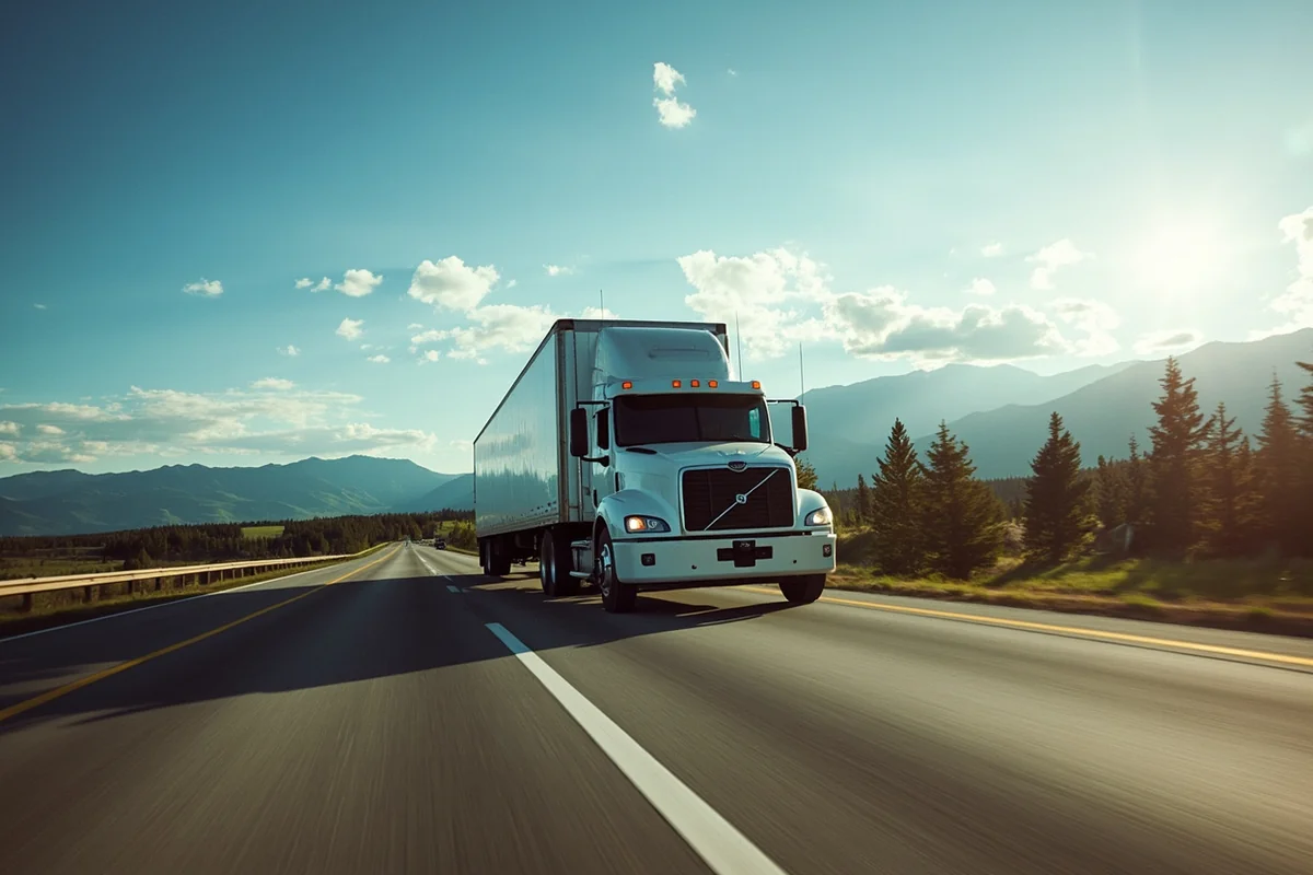 Moving truck on scenic Montana highway with mountain backdrop