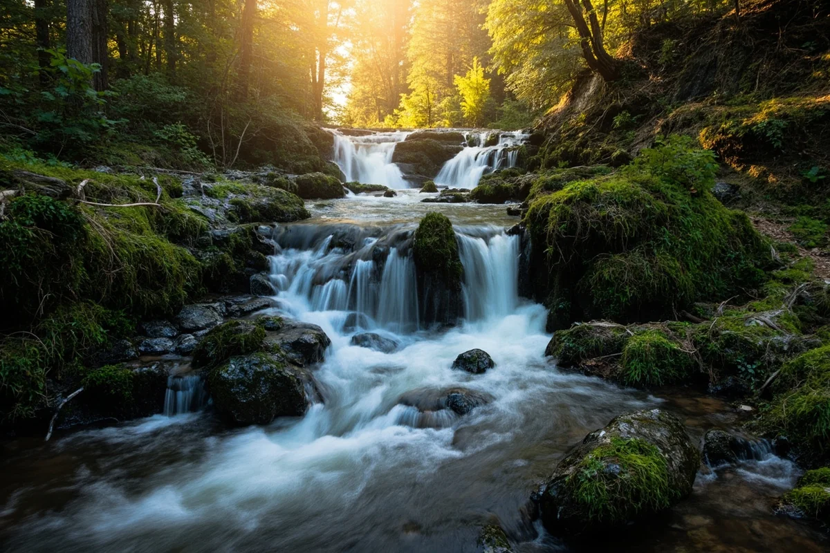 Mud Creek Waterfall cascading over moss-covered rocks with early morning light filtering through the surrounding forest